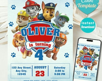 Editable Paw-ty Birthday Invitation Template, Kids Party Invitation, Puppy Patrol Pup Boys & Girls Bday, Instant Download