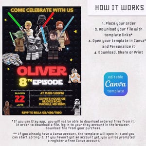 May include: A black invitation with Star Wars Lego characters, the text "COME CELEBRATE WITH US", and "OLIVER 8TH EPISODE". Includes event details: Sunday, June 22, at 11:00-1:00 PM. Features a Canva template.
