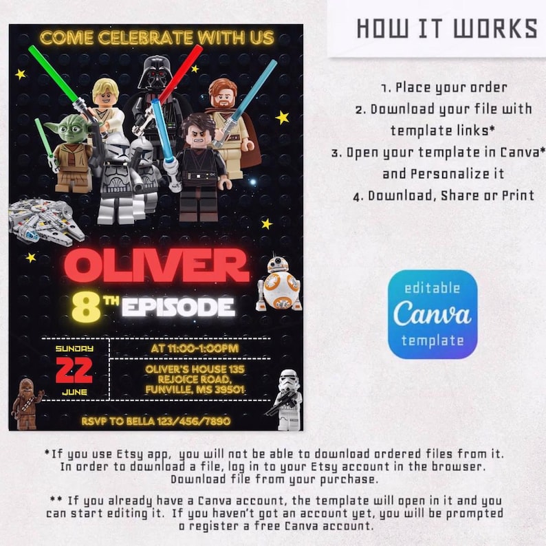 May include: A black invitation with Star Wars Lego characters, the text "COME CELEBRATE WITH US", and "OLIVER 8TH EPISODE". Includes event details: Sunday, June 22, at 11:00-1:00 PM. Features a Canva template.