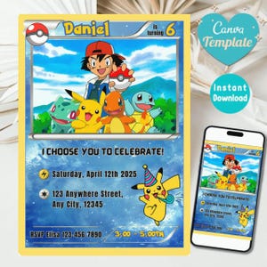 May include: A birthday party invitation card featuring a colorful design with cartoon characters and the text "Daniel is turning 6". The card includes event details and a Pikachu illustration. A smartphone displays a digital version of the invitation.