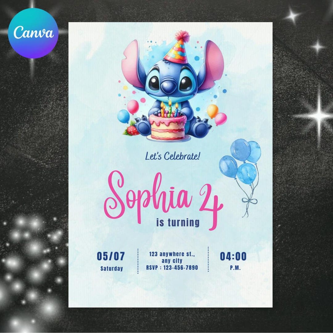 Editable Stitch Birthday Invitation, Editable & Printable Template ...
