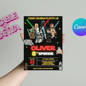 May include: A black invitation card featuring Lego Star Wars characters, with the text "COME CELEBRATE WITH US" and "OLIVER 8TH EPISODE". The date is June 22nd, with event details and RSVP information.