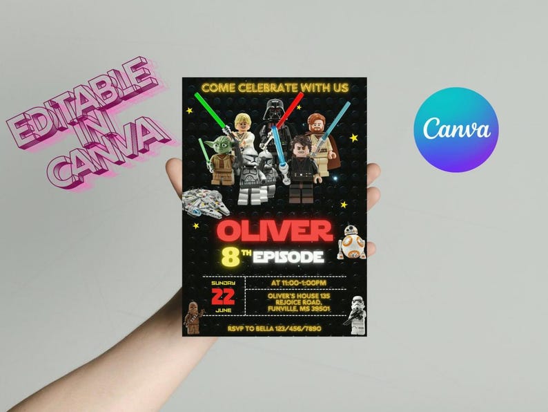 May include: A black invitation card featuring Lego Star Wars characters, with the text "COME CELEBRATE WITH US" and "OLIVER 8TH EPISODE". The date is June 22nd, with event details and RSVP information.