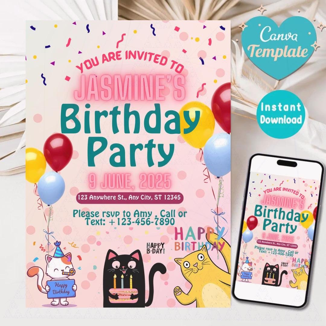Editable Cat Birthday Invitation Canva Template | Cute Kitty Party Invite for Kids | Instant Digital Download | Customizable Party Card