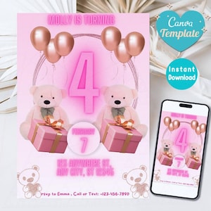 Beary First Birthday Invitation, Bear Birthday Invite, Teddy Bear First Birthday, 4st Birthday Boy, Beary 4st Birthday Party Invite Blue