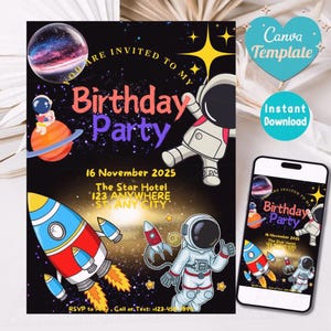 Bearbeitbare Weltraum-Geburtstagseinladung für Kinder - Fun Canva Template mit Astronauten & Raketen - Digitale Party Karte, Sofort Download