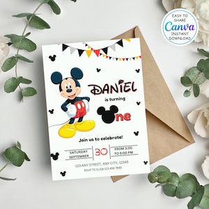 May include: A birthday invitation featuring Mickey Mouse. The invitation includes the name "Daniel" and the text "is turning one." The date is September 30th, with the time from 3:00 to 5:00 PM. The invitation has a Canva instant download option.