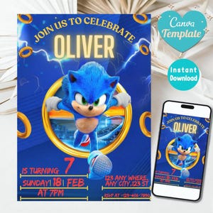 Sonic 3 Birthday Invitation, Super Hedgehog Boys Party Invite, Super Sonic Party Invitation, Editable Sonic Invite Template, Canva Template