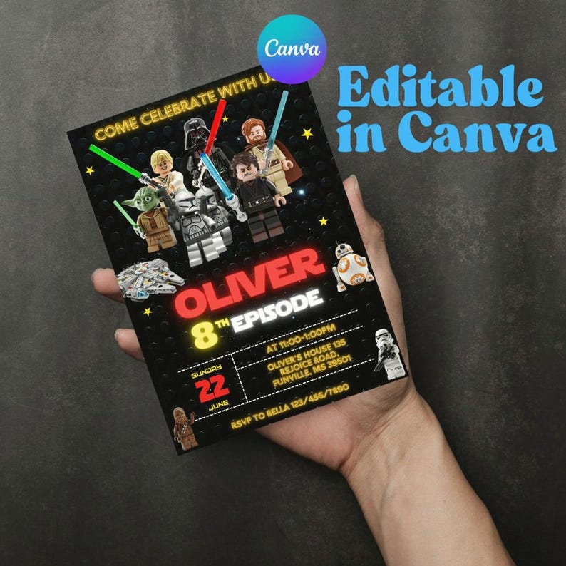 May include: Black invitation card featuring Lego Star Wars characters and the text "OLIVER 8th EPISODE". The card includes event details and the phrase "Editable in Canva".