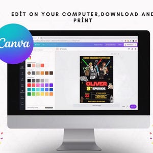 May include: A computer monitor displays a Canva design interface with a Star Wars-themed birthday invitation. The invitation features characters and the text "COME CELEBRATE WITH US" and "OLIVER 8TH EPISODE". The screen also shows color options.