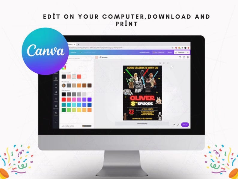 May include: A computer monitor displays a Canva design interface with a Star Wars-themed birthday invitation. The invitation features characters and the text "COME CELEBRATE WITH US" and "OLIVER 8TH EPISODE". The screen also shows color options.