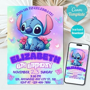 Editable Stitch Invitation, Custom Printable Stitch Party Invite Template, Stitch Birthday Invite, Digital Stitch Birthday Girl Canva Edit