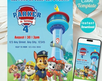 Editable Paw-ty Birthday Invitation Template, Kids Party Invitation, Puppy Patrol Pup Boys & Girls Bday, Instant Download