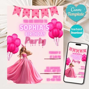 Invito di compleanno modificabile a tema principessa rosa per bambine - Modello Canva per festa glamour con palloncini e abito - Download immediato, biglietto digitale