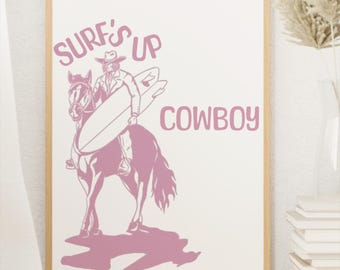 Surf's Up Cowboy Print: Retro Coastal Pink Poster (Digital Download)