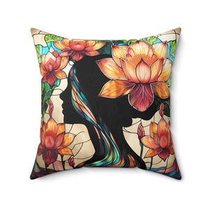 Faux Suede Lotus Silhouette Pillow Stained Glass Colorful Spiritual Home Décor Cushion