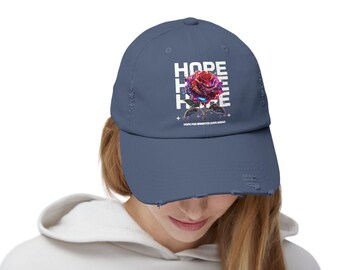 Vintage Style Distressed Cap: Rose Design, Unisex Cotton Twill Hat