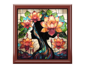 Stained Glass Art Piece Lotus Jewelry Box: Rubberwood Keepsake Storage