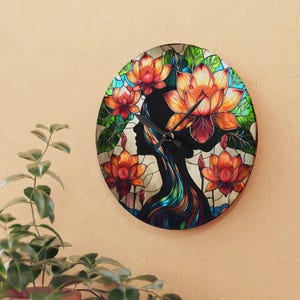 Lotus Silhouette Acrylic Wall Clock Colorful Stained Glass Spiritual Art Home Décor