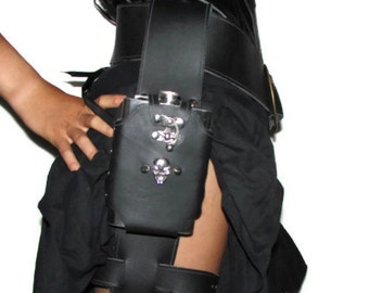 Leather Leg Flask Holster with optional Skull Concho and Spikes