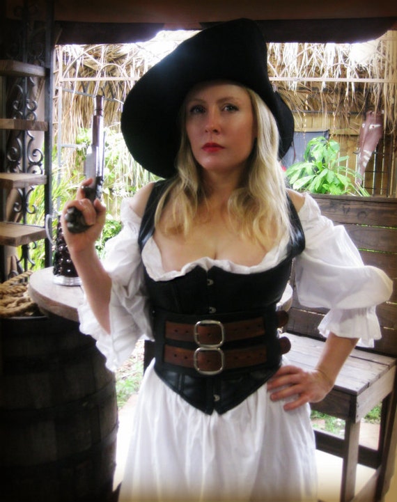 Wench's Leather Black and Woodgrain Brown 2 strap Pirate / Corset Belt /  Warrior Woman