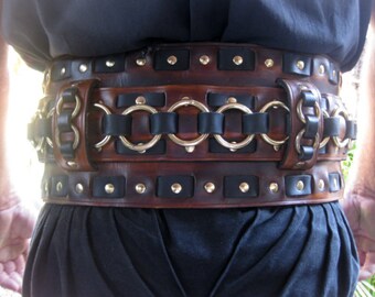 Dredmor's Signature Leather Cherry and Black Weaved Warrior Belt with Brass Buckle and Rings