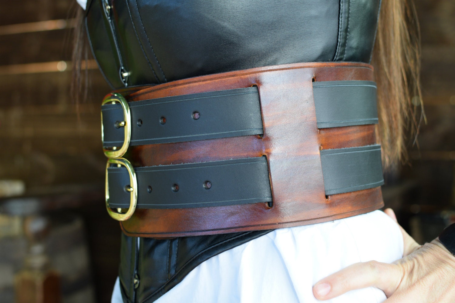 Wench's Leather Woodgrain Brown With Black Straps 2 Strap Pirate