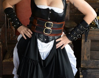 Wench's Leather Woodgrain Brown with Black straps 2 strap Pirate / Corset Belt / Warrior Woman