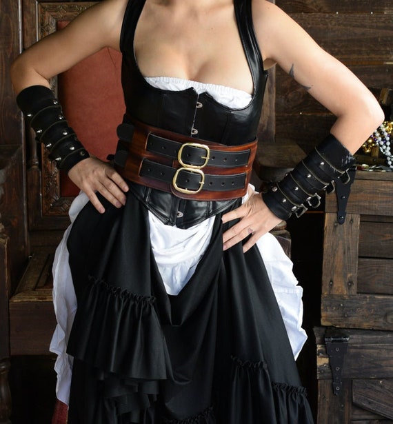 Wench's Leather Woodgrain Brown With Black Straps 2 Strap Pirate / Corset  Belt / Warrior Woman 