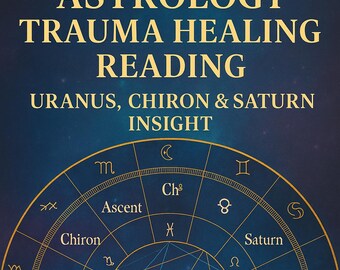 Puede incluir: Un gráfico azul oscuro con texto dorado que dice "ASTROLOGY TRAUMA HEALING READING" y "URANUS, CHIRON & SATURN INSIGHT". En la parte inferior hay una carta astrológica circular con símbolos y etiquetas como "Ascendente", "Quirón" y "Saturno".