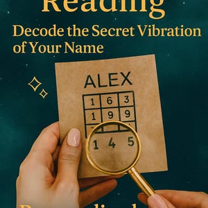 Op de afbeelding: Een afbeelding die numerologie lezen promoot. De tekst luidt "Numerologie Lezen" en "Decodeer de geheime trilling van je naam". Een hand houdt een vergrootglas boven een kaart met de naam "ALEX" en een raster van getallen. De tekst "Gepersonaliseerd Energie Inzicht" is ook zichtbaar.