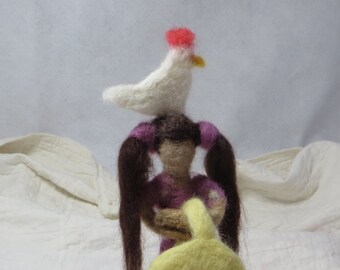Art Doll Needle Felted Art Doll with a Chicken on her Head and in her Basket Full of Eggs Unique One of a Kind Chicken Lover Art Doll