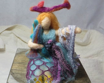 Art Doll Needle Felted Art Doll "Been Fishin" Sweet One of a Kind Hand Felted Needle Felted Doll with Fish on Head and in Arms Unique Find