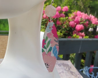 Paper Earrings Wood and Paper Lightweight Floral Pinks One of a Kind Handmade Earrings Fancy or Casual Unique and Lightweight Jewelry