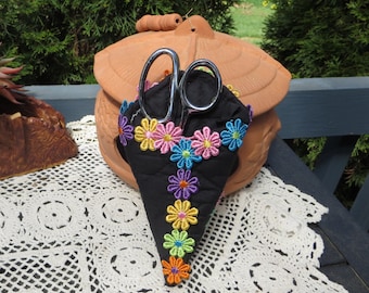 Large Scissor Holder Sheath Handmade Unique from Potholder Flower Power Floral Sewing Scissors Holder with Loop Bright Cotton Embroidered