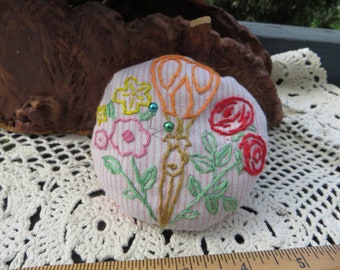 Handmade Pincushion Cute One of a Kind Unique Walnut Shells and Emory Sand Round Heavy Pincushion Hand Embroidered Sweet Gift Idea Sewing