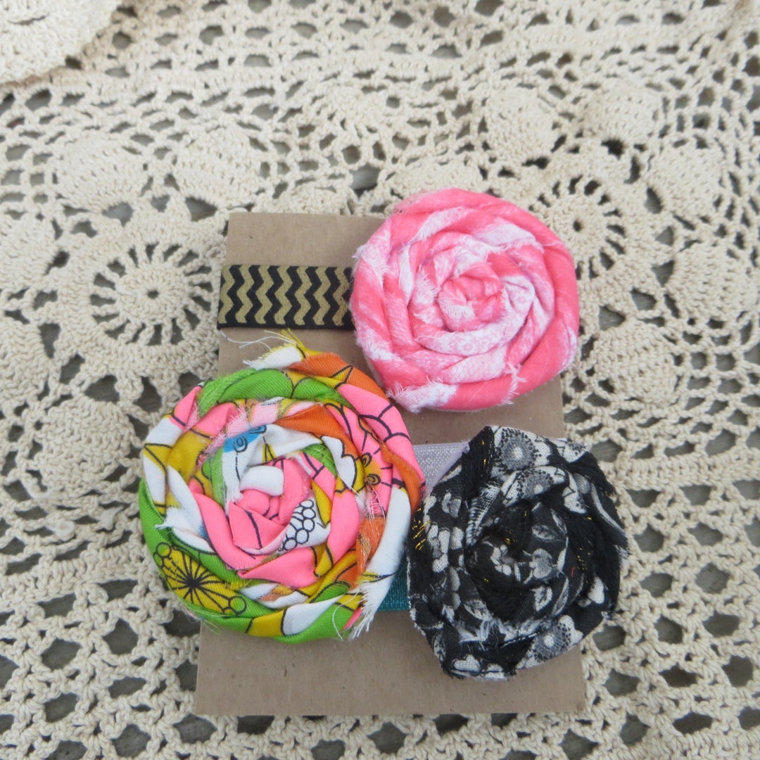 Fabric Flower Hair Elastics Handmade Rolled Flower Hair Ties Vintage Fabric in Bright Pinks and