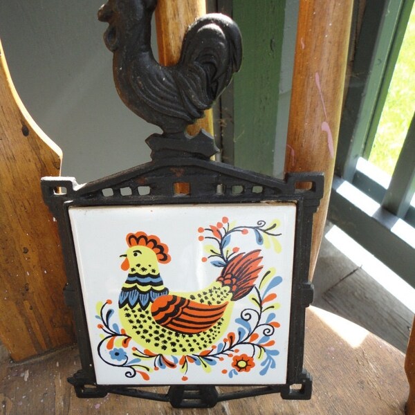 Cast Iron Trivet Rooster Shape with Rooster Tile Vintage