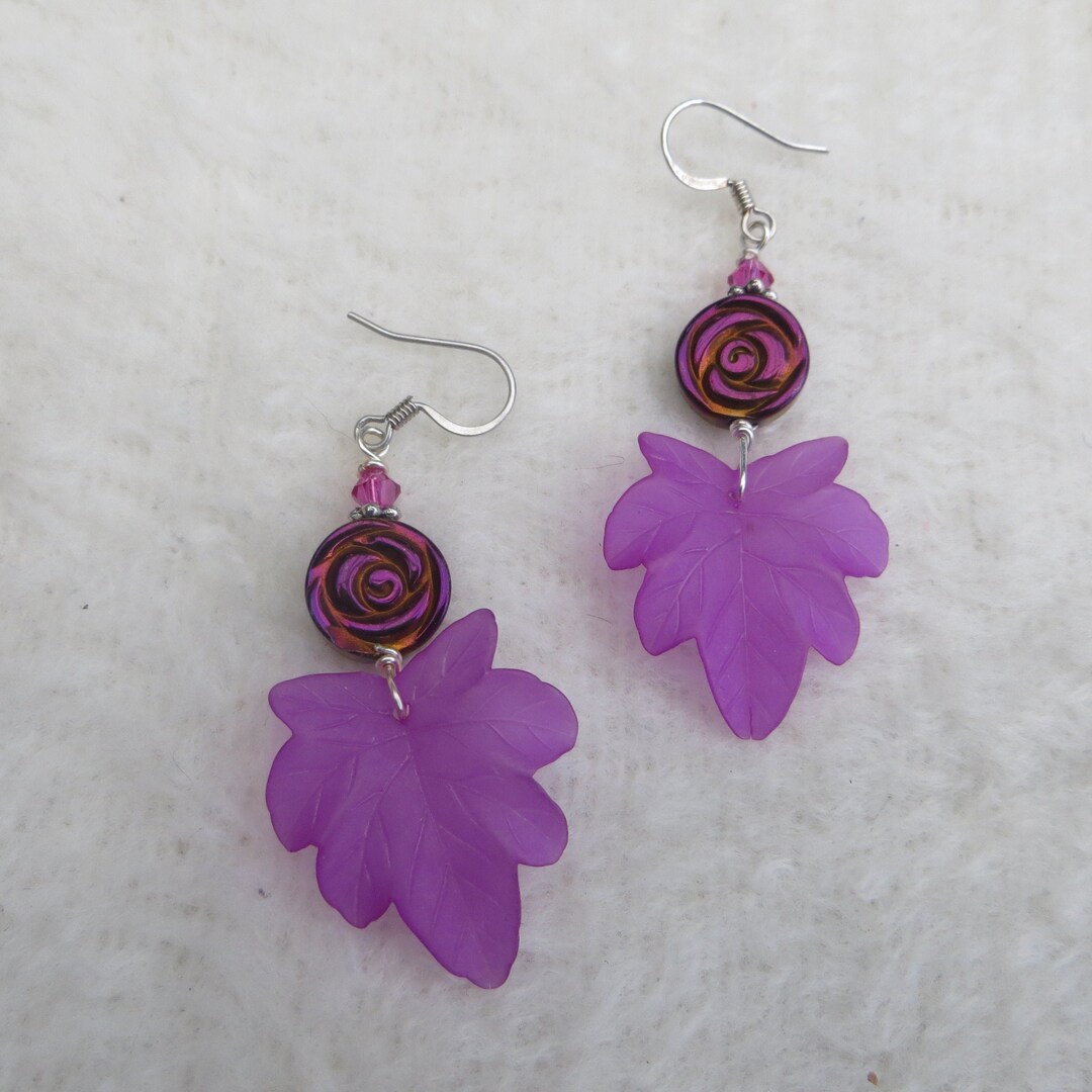 Leaf Earrings Bright Resin Leaf Handmade Earrings Bright Lavender