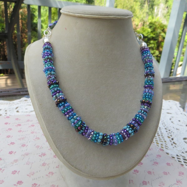 Beaded Necklace Choker Purples and Blues Sparking and Pretty Beaded Unique Casual or Fancy One of a Kind Necklace Beaded Homemade Unique