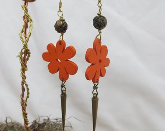 Spring Earrings Fun and Happy Daisy Earrings Handmade Wood Flower Orange Flower Daisy Lightweight Dangle Earrings Handmade One of a Kind