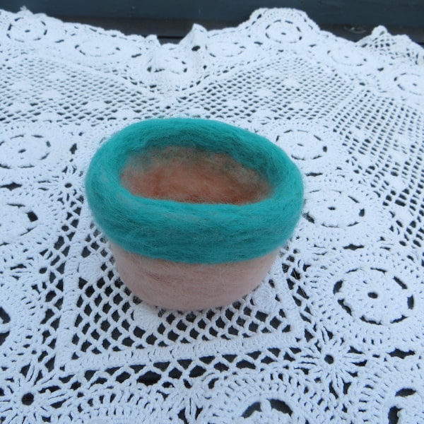 Needle Felted Pot Keep Your Roots Warm Pot Cozy Pink and Turquoise Color Small Wool Pot or Pot Cozy Needle Felted One of a Kind Handmade