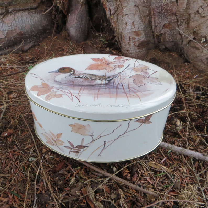 Vintage Tin Box Oval Shaped Large Tin Box with Lid Soft Colors with a Duck and Leaves Made in England Candy or Cookie Tin Moos Page