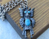 Pewter Necklace Vintage Pewter and Faux Turquoise Necklace Kachina Doll Necklace Blue and Silver Necklace Faux Turquoise and Chain Necklace