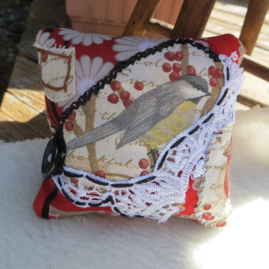 Handmade Pincushion Fabric Collage Large Square Pincushion With Bird
