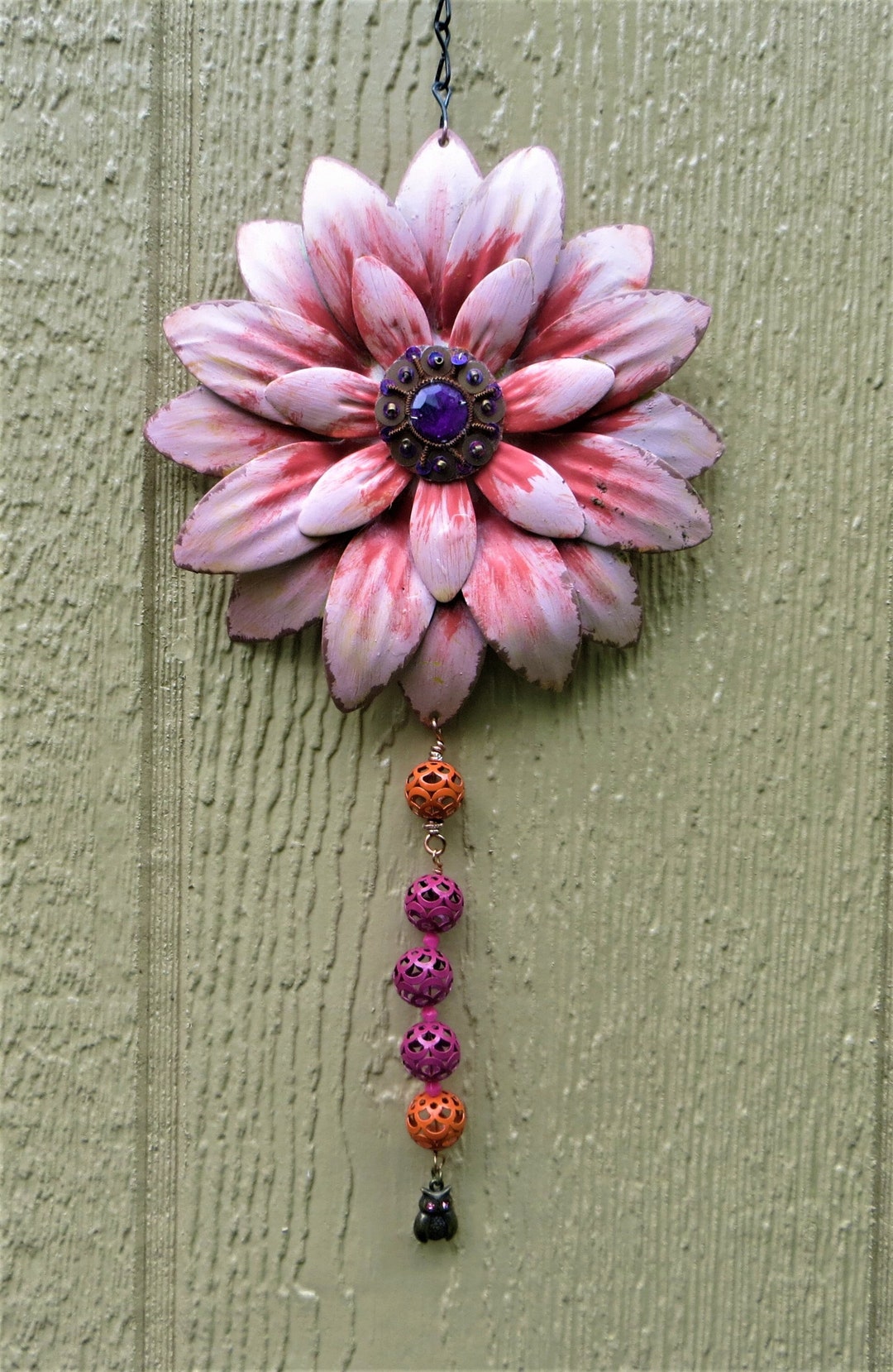 Garden Art Wall Hanging Handmade Flower Pinks and Purple Metal Yard or