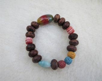 Stretch Bracelet Natural Stone, Lava Beads, Wood Beads and More Earth Tone Bracelet Trade Beads Multi Stone Bracelet No Clasp Stretch Cuff