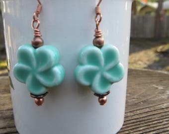 Ceramic Bead Earrings Beaded Earrings Flower Shaped Ceramic Beads Light Green Handmade Earrings Earthtones Copper and Green Earrings