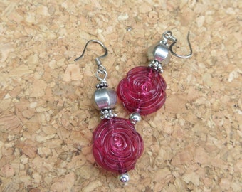 Rose Earrings Handmade Earrings Beaded Earrings Pink and Silver Beaded Earrings Pierced Earrings Pink Floral Drop Earrings one of a kind