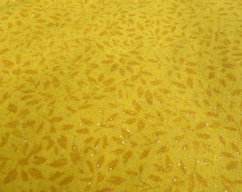 Cotton Fabric Goldenrod Yellow with Gold Sparkles and Small Leaf Flower Print Medium Weight Cotton Fabric Yardage